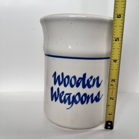 Vintage Crock Wooden Spoons Utensils Blue Cream - Picture 4 of 6